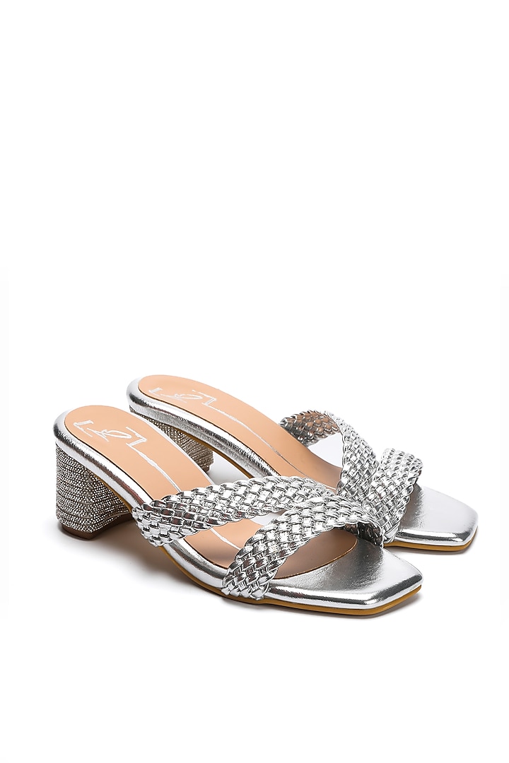 Silver Faux Leather Textured Strap Block Heels by NIDHI BHANDARI at Pernia's Pop Up Shop