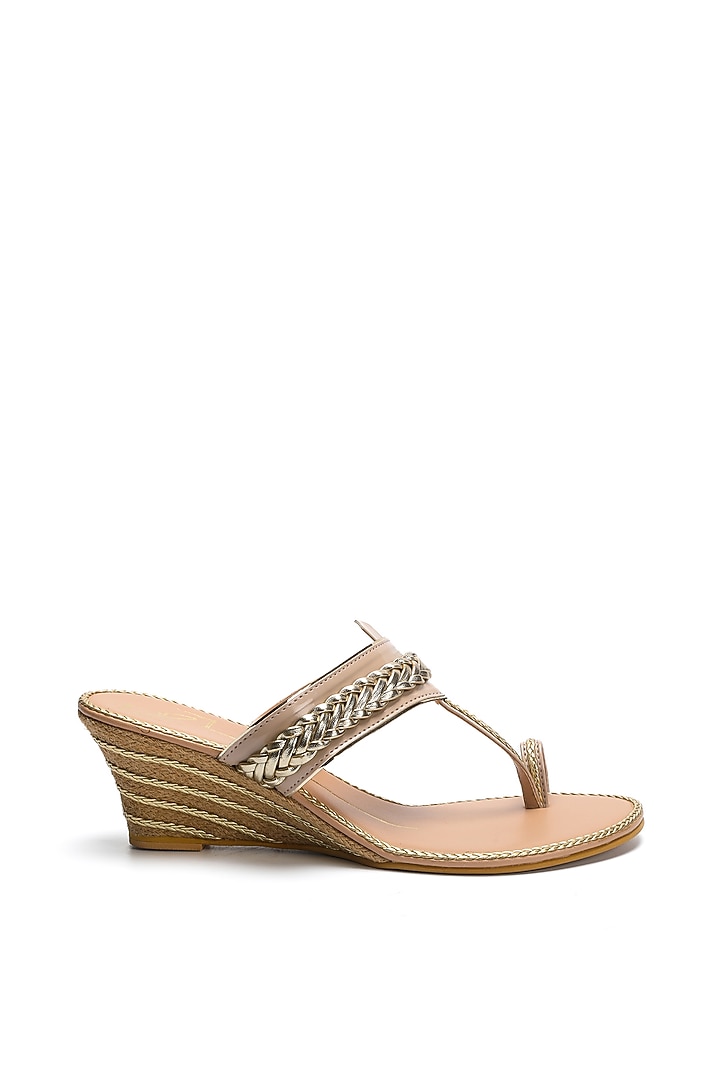 Beige Faux Leather Wedges by NIDHI BHANDARI at Pernia's Pop Up Shop