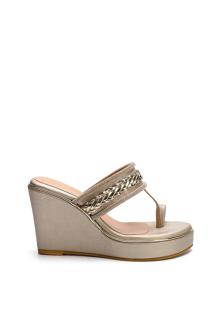 Gold Faux Leather Wedges by NIDHI BHANDARI at Pernia's Pop Up Shop