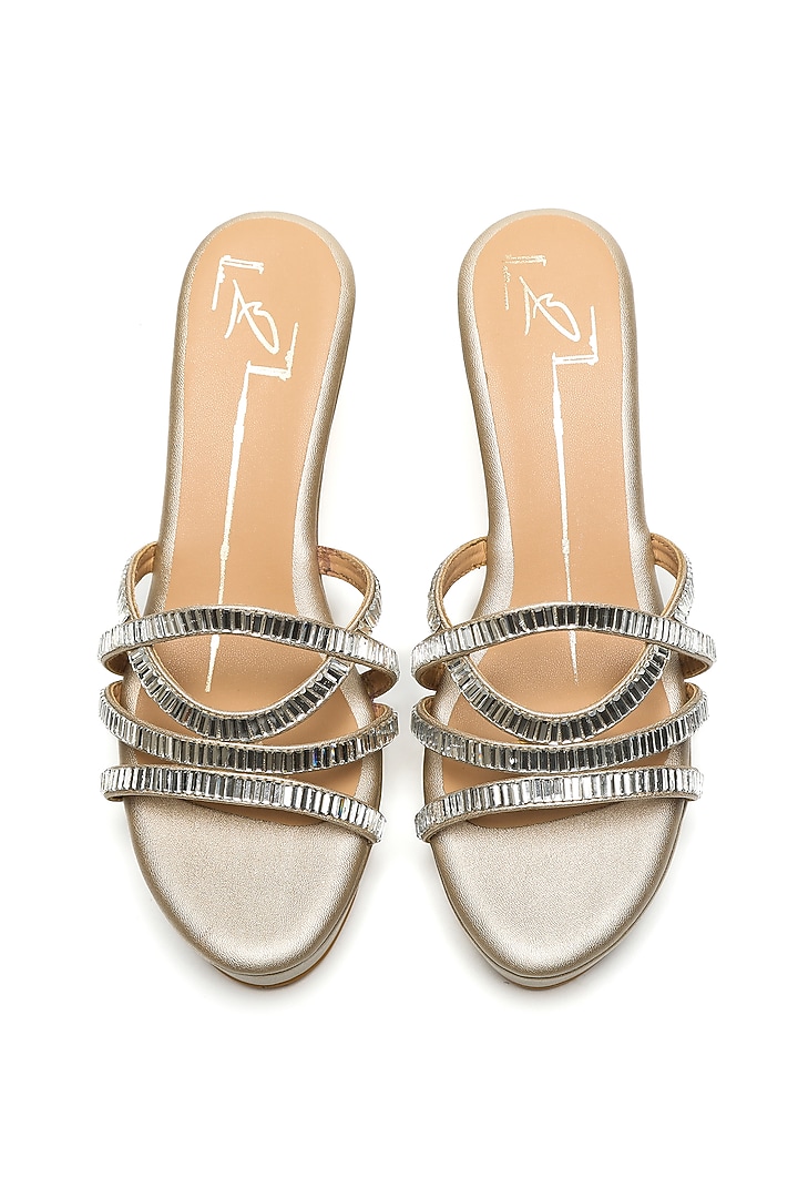 Gold Faux Leather Embroidered Wedges by NIDHI BHANDARI at Pernia's Pop Up Shop