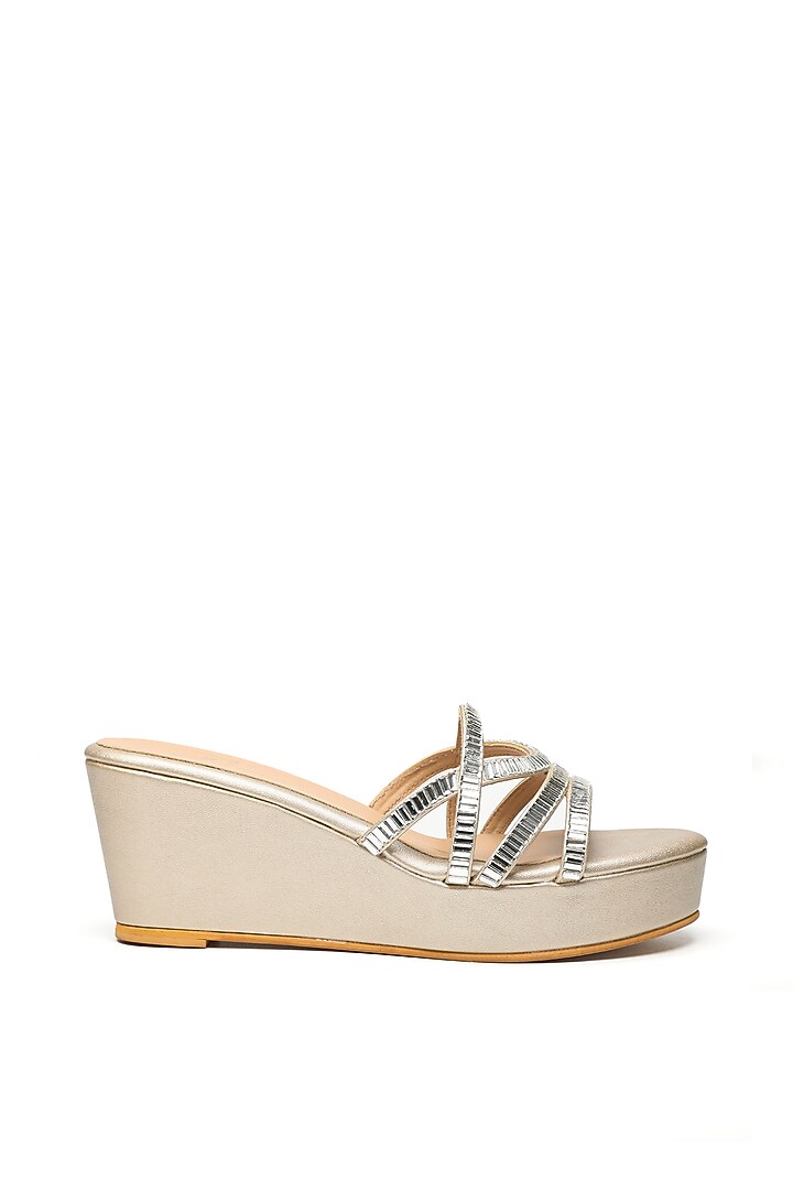 Gold Faux Leather Embroidered Wedges by NIDHI BHANDARI at Pernia's Pop Up Shop