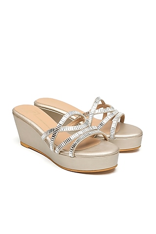 Gold Faux Leather Embroidered Wedges by NIDHI BHANDARI