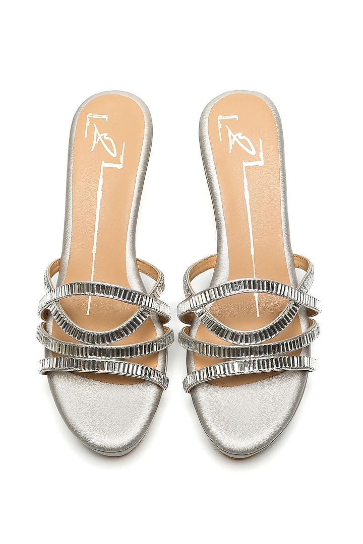 Silver Faux Leather Embroidered Wedges by NIDHI BHANDARI at Pernia's Pop Up Shop