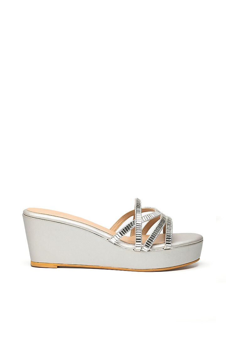 Silver Faux Leather Embroidered Wedges by NIDHI BHANDARI at Pernia's Pop Up Shop