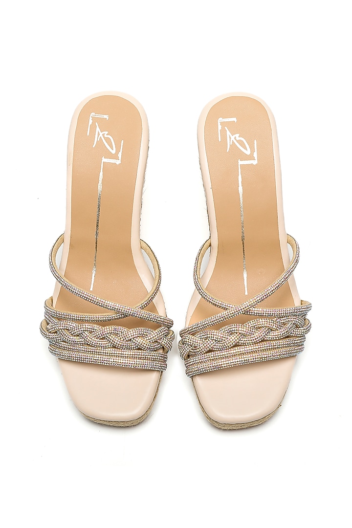 Beige Faux Leather Embroidered Wedges by NIDHI BHANDARI at Pernia's Pop Up Shop