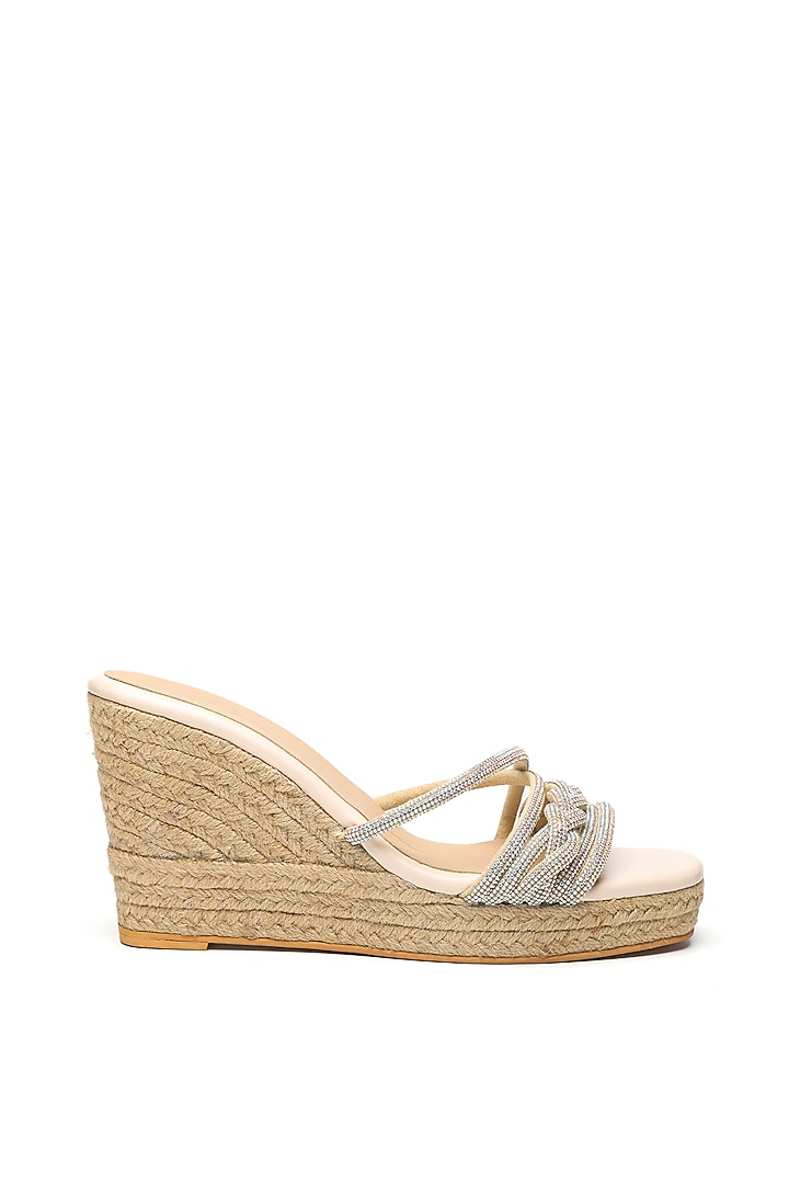 Beige Faux Leather Embroidered Wedges by NIDHI BHANDARI at Pernia's Pop Up Shop