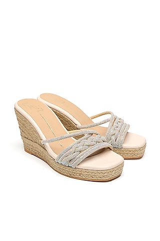 Beige Faux Leather Embroidered Wedges by NIDHI BHANDARI