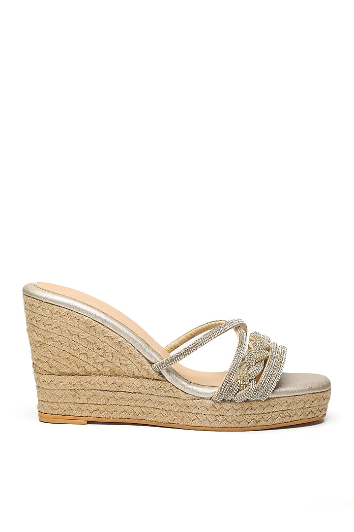 Gold Velvet Embroidered Wedges by NIDHI BHANDARI at Pernia's Pop Up Shop