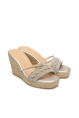 Gold Velvet Embroidered Wedges by NIDHI BHANDARI
