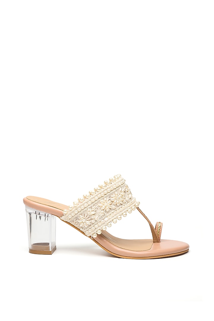 Nude Faux Leather Embroidered Kolhapuri Block Heels by NIDHI BHANDARI at Pernia's Pop Up Shop