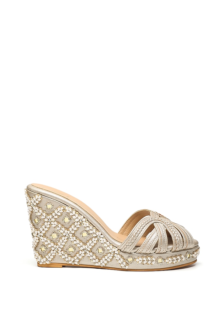 Gold Faux Leather Embroidered Strappy Wedges by NIDHI BHANDARI at Pernia's Pop Up Shop