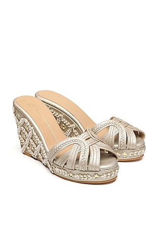 Gold Faux Leather Embroidered Strappy Wedges by NIDHI BHANDARI
