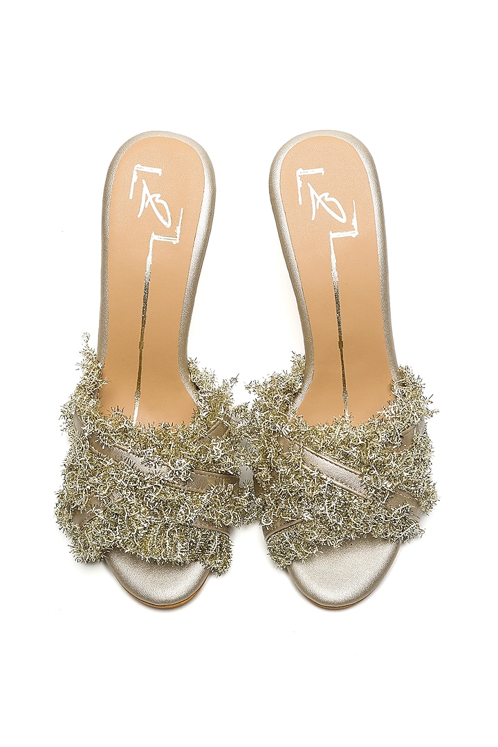 Gold Suede Embroidered Strappy Heels by NIDHI BHANDARI