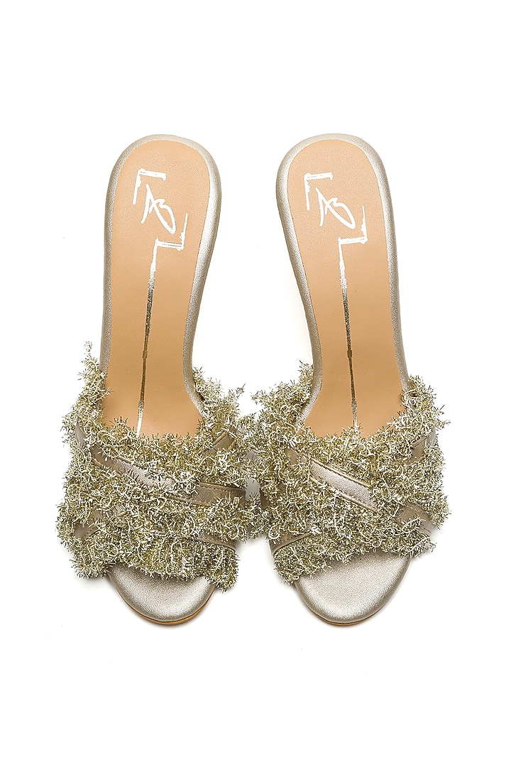 Gold Suede Embroidered Strappy Heels by NIDHI BHANDARI at Pernia's Pop Up Shop