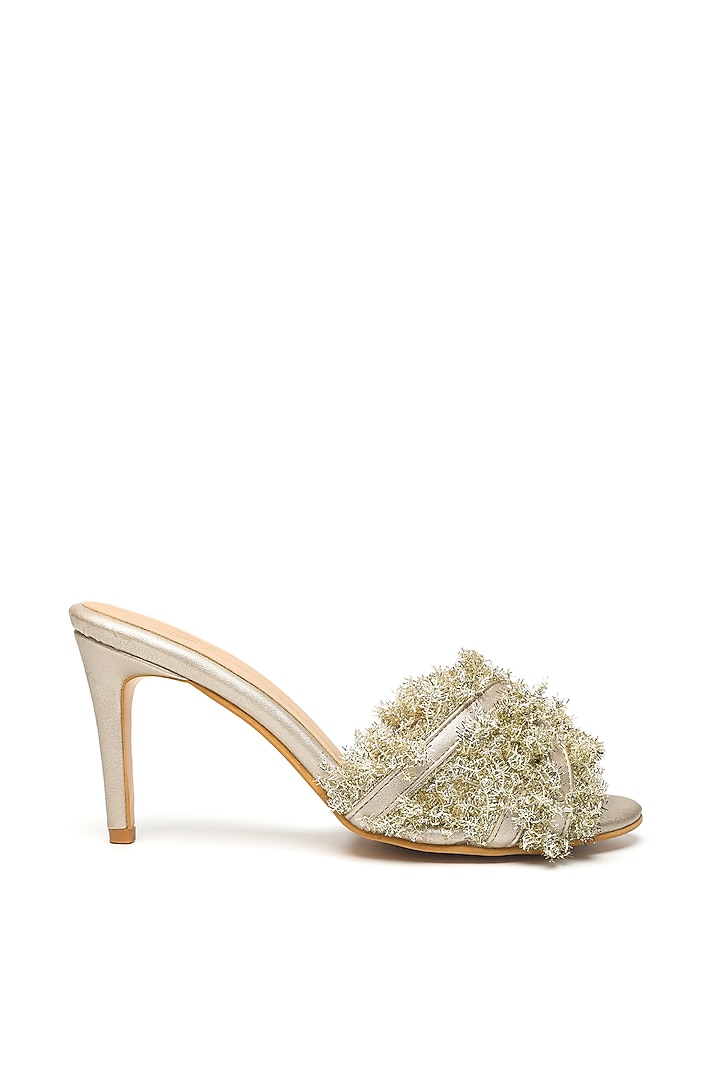 Gold Suede Embroidered Strappy Heels by NIDHI BHANDARI at Pernia's Pop Up Shop