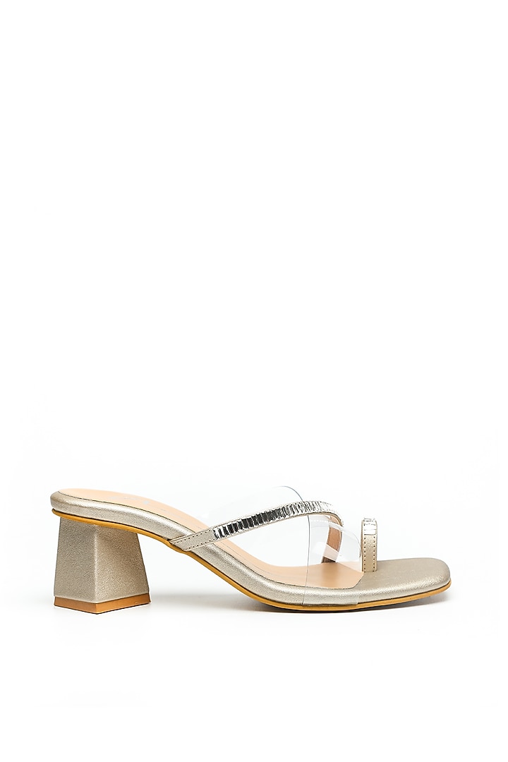 Gold Faux Leather Block Heels by NIDHI BHANDARI at Pernia's Pop Up Shop
