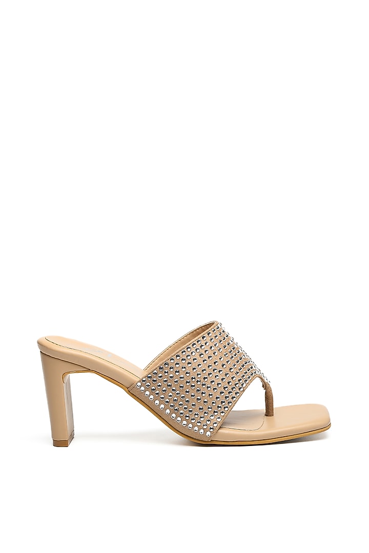 Beige Faux Leather Block Heels by NIDHI BHANDARI at Pernia's Pop Up Shop