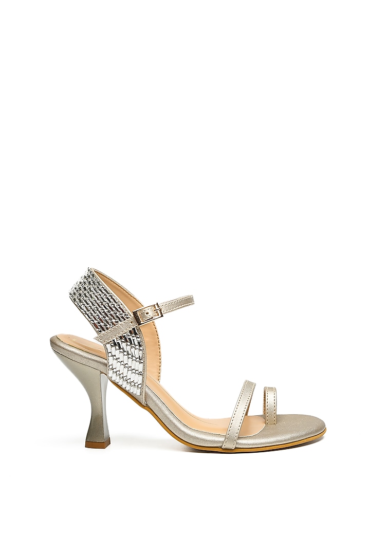 Gold Faux Leather Block Heels by NIDHI BHANDARI at Pernia's Pop Up Shop