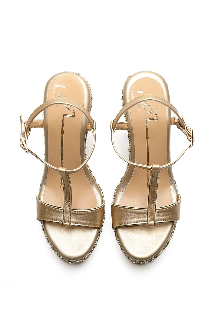 Gold Embroidered Kolhapuri Wedges by NIDHI BHANDARI at Pernia's Pop Up Shop