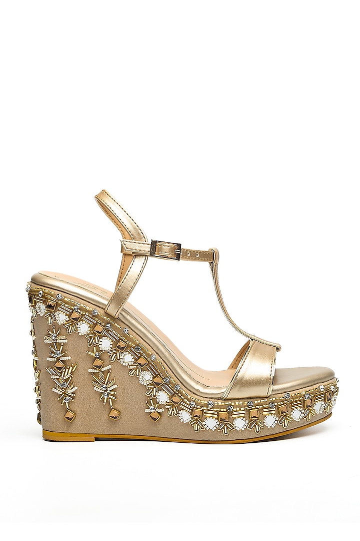 Gold Embroidered Kolhapuri Wedges by NIDHI BHANDARI at Pernia's Pop Up Shop