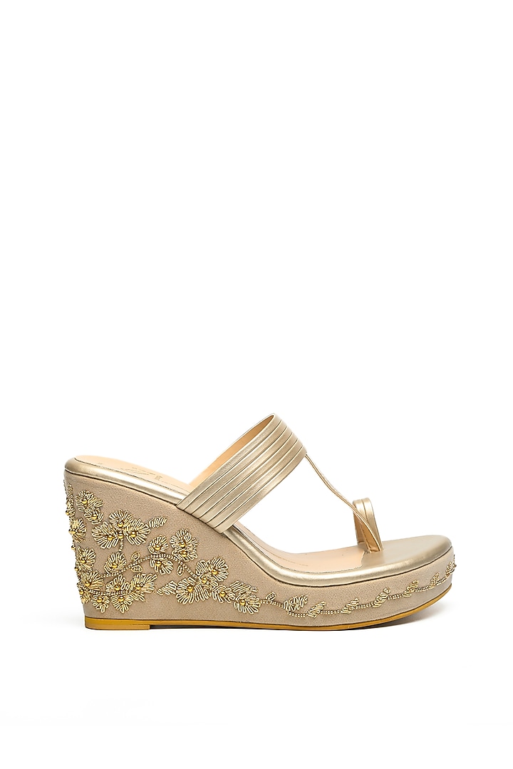Gold Embroidered Wedges by NIDHI BHANDARI at Pernia's Pop Up Shop