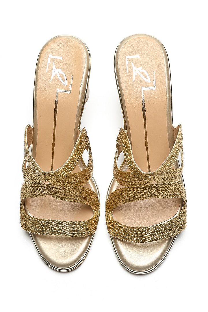 Gold Textured Block Heels by NIDHI BHANDARI at Pernia's Pop Up Shop