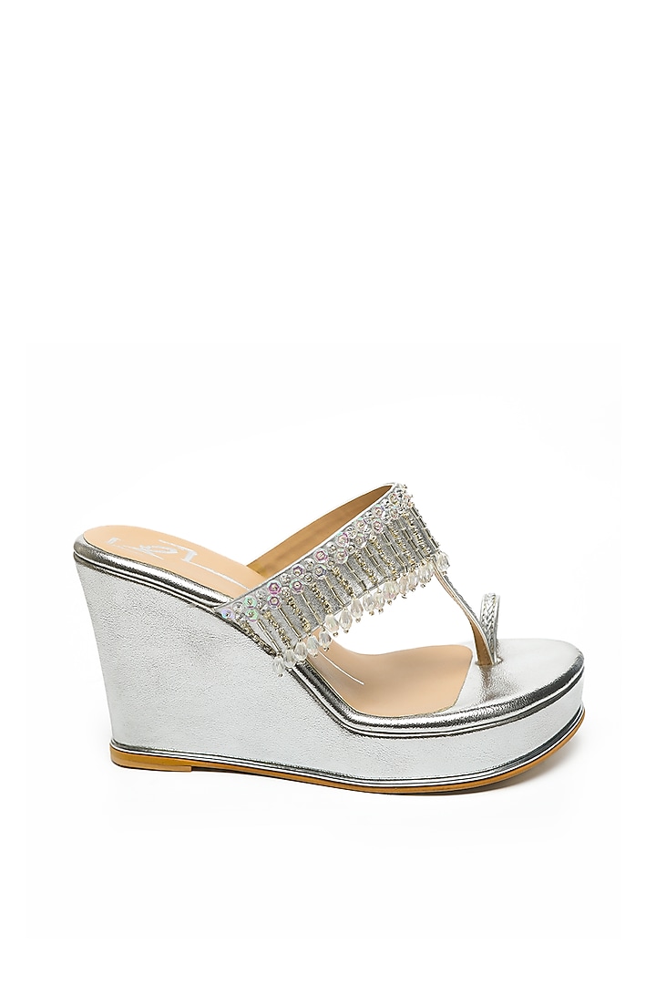 Silver Embroidered Kolhapuri Wedges by NIDHI BHANDARI at Pernia's Pop Up Shop