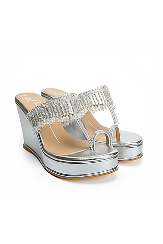 Silver Embroidered Kolhapuri Wedges by NIDHI BHANDARI