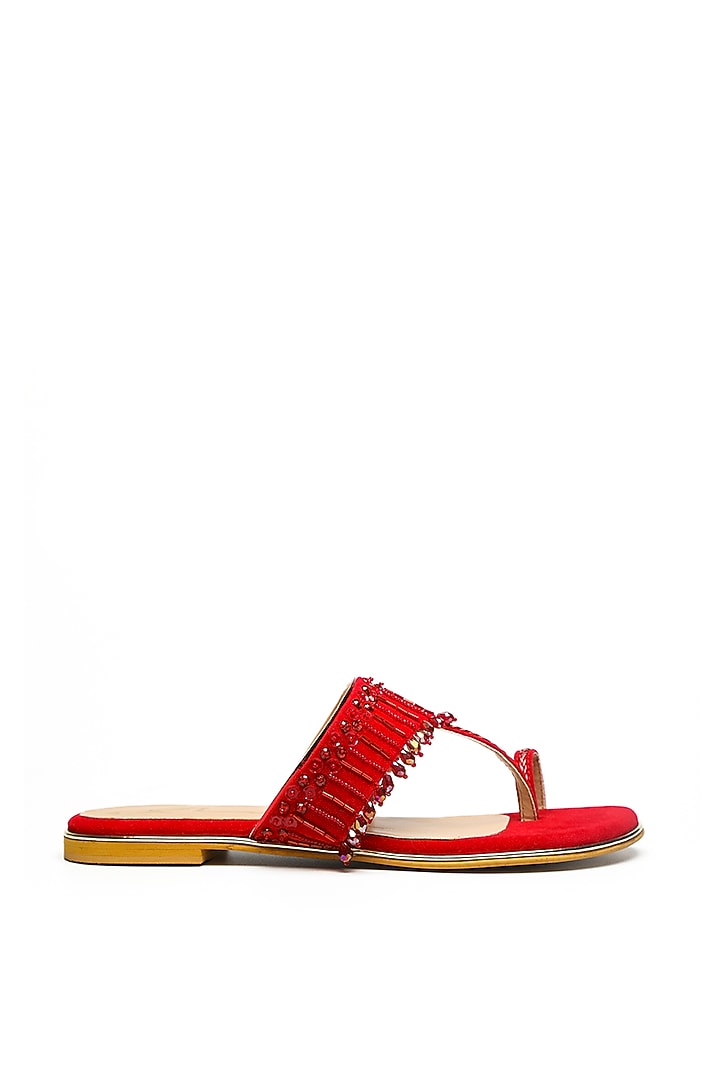 Red Embroidered Kolhapuri Flats by NIDHI BHANDARI at Pernia's Pop Up Shop