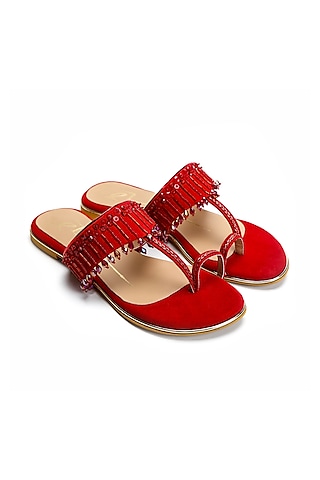 Red Embroidered Kolhapuri Flats by NIDHI BHANDARI
