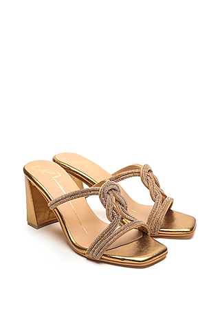 Antique Gold Faux Leather Block Heels by NIDHI BHANDARI