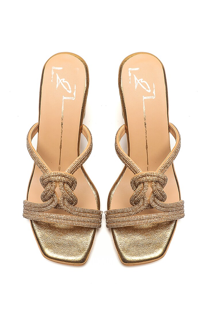 Antique Gold Faux Leather Block Heels by NIDHI BHANDARI at Pernia's Pop Up Shop