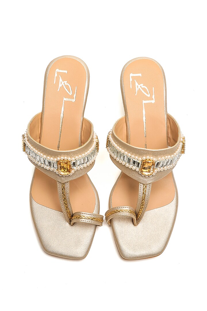 Gold Faux Leather Embroidered Wedges by NIDHI BHANDARI at Pernia's Pop Up Shop