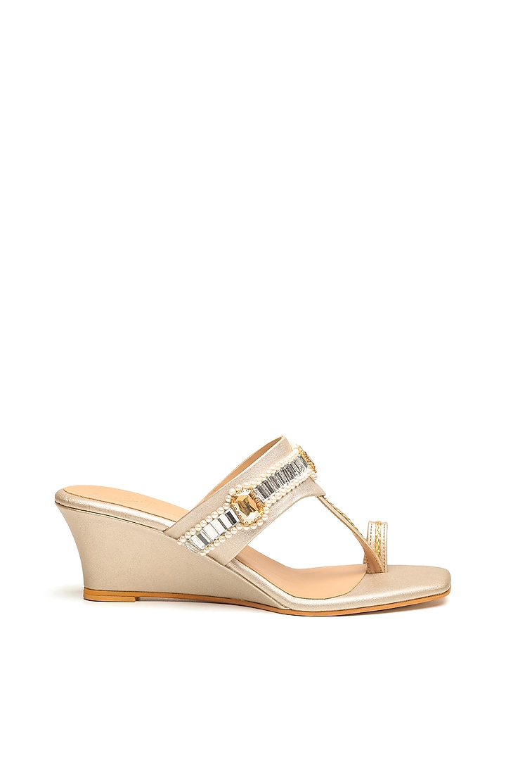 Gold Faux Leather Embroidered Wedges by NIDHI BHANDARI at Pernia's Pop Up Shop