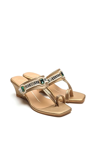Antique Gold Faux Leather Embroidered Wedges by NIDHI BHANDARI