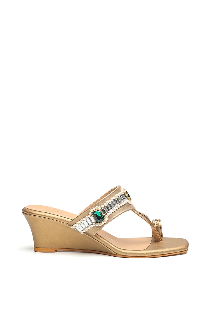 Antique Gold Faux Leather Embroidered Wedges by NIDHI BHANDARI at Pernia's Pop Up Shop