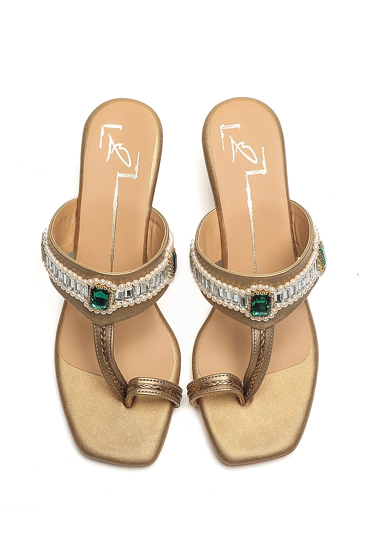 Antique Gold Faux Leather Embroidered Wedges by NIDHI BHANDARI at Pernia's Pop Up Shop
