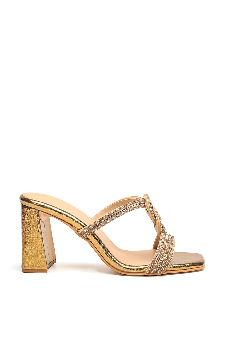 Antique Gold Faux Leather Block Heels by NIDHI BHANDARI at Pernia's Pop Up Shop