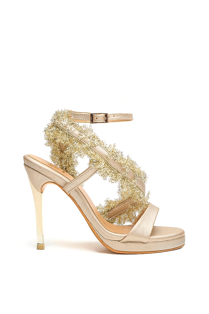 Gold Faux Leather Embroidered Heels by NIDHI BHANDARI at Pernia's Pop Up Shop