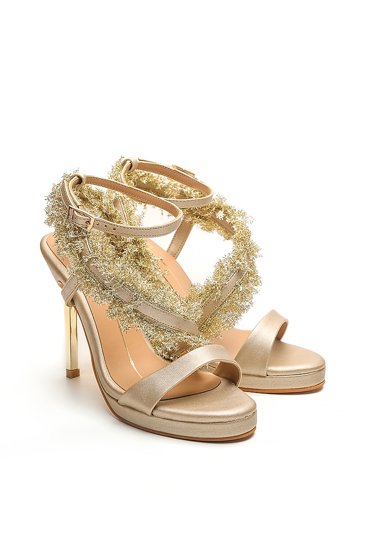 Gold Faux Leather Embroidered Heels by NIDHI BHANDARI at Pernia's Pop Up Shop