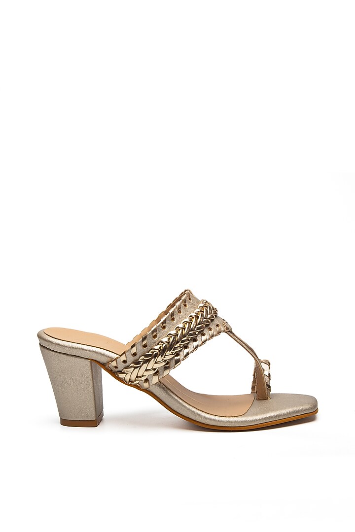 Gold Faux Leather Textured Block Heels by NIDHI BHANDARI at Pernia's Pop Up Shop