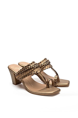 Antique Gold Faux Leather Textured Block Heels by NIDHI BHANDARI