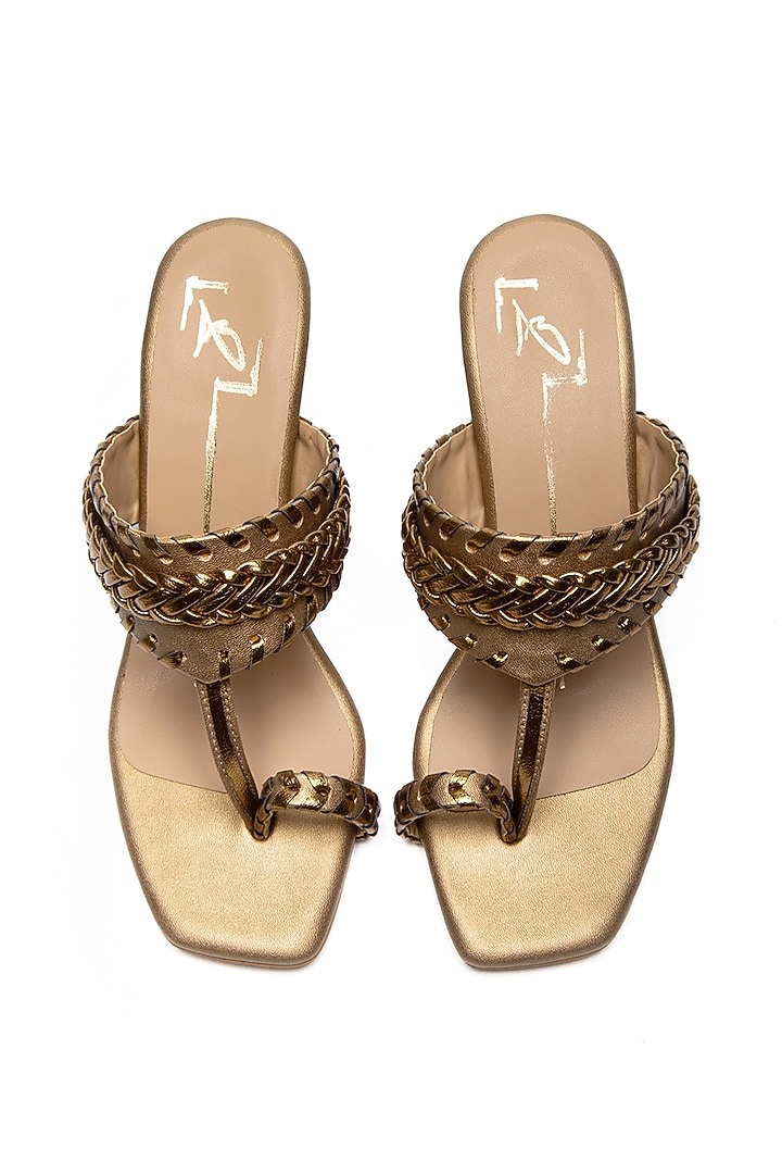 Antique Gold Faux Leather Textured Block Heels by NIDHI BHANDARI at Pernia's Pop Up Shop