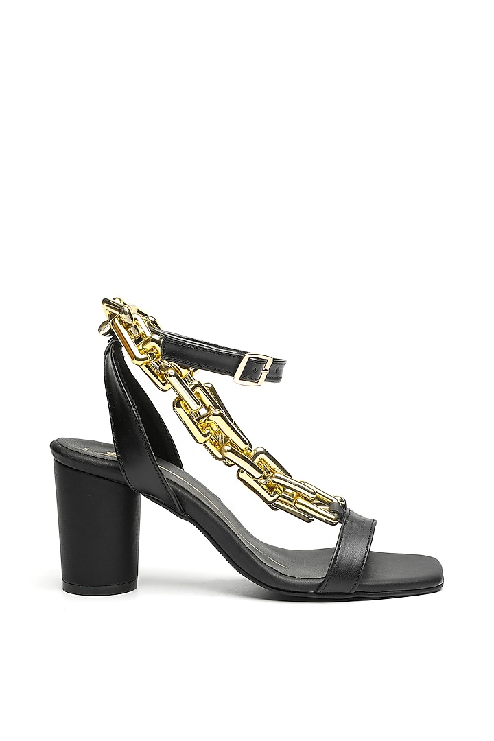 Black Faux Leather Block Heels by NIDHI BHANDARI at Pernia's Pop Up Shop