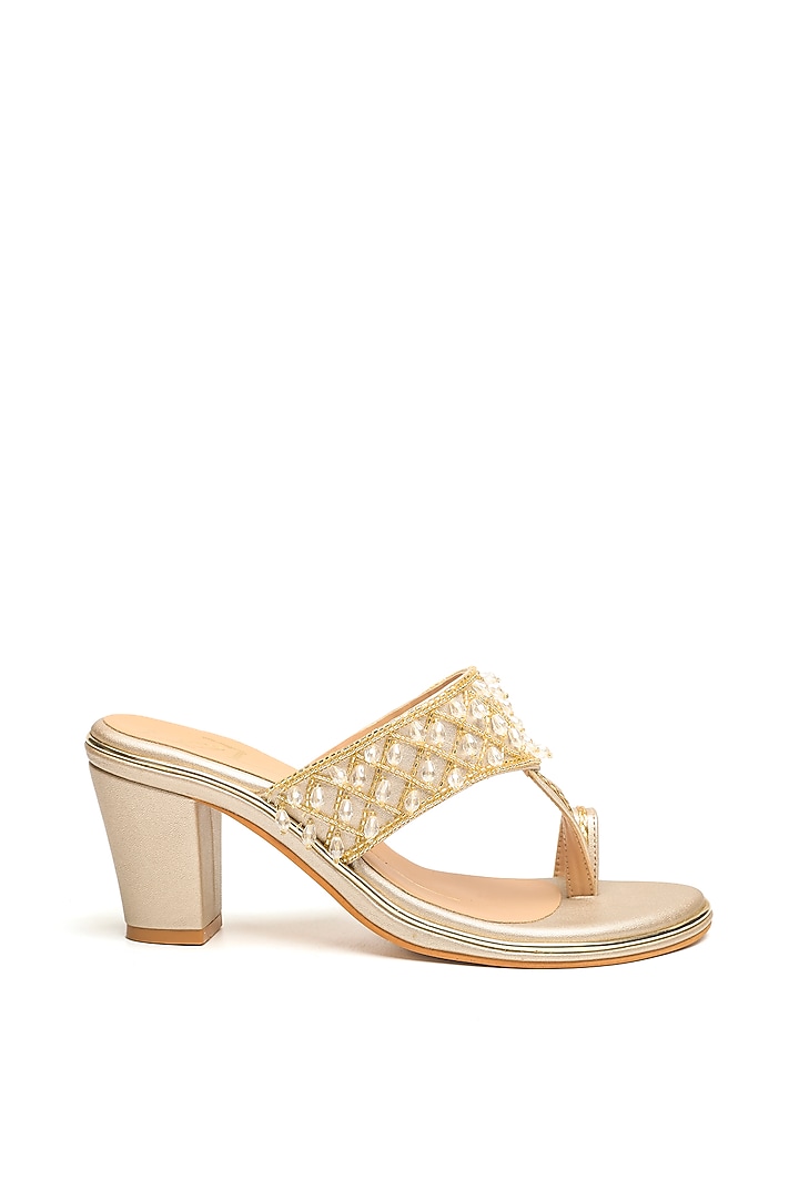 Gold Faux Leather Embroidered Block Heels by NIDHI BHANDARI at Pernia's Pop Up Shop