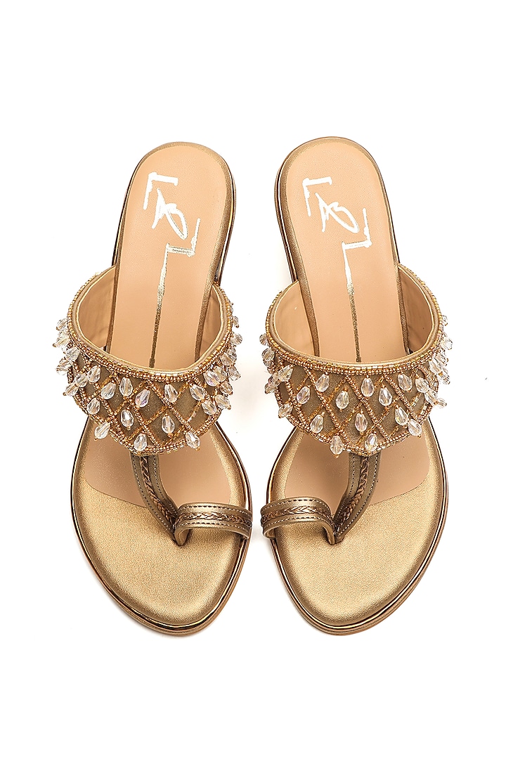 Antique Gold Faux Leather Embroidered Block Heels by NIDHI BHANDARI