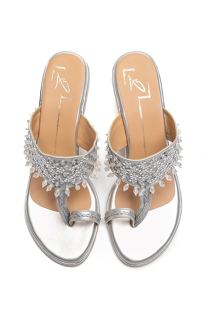 Silver Faux Leather Embroidered Block Heels by NIDHI BHANDARI