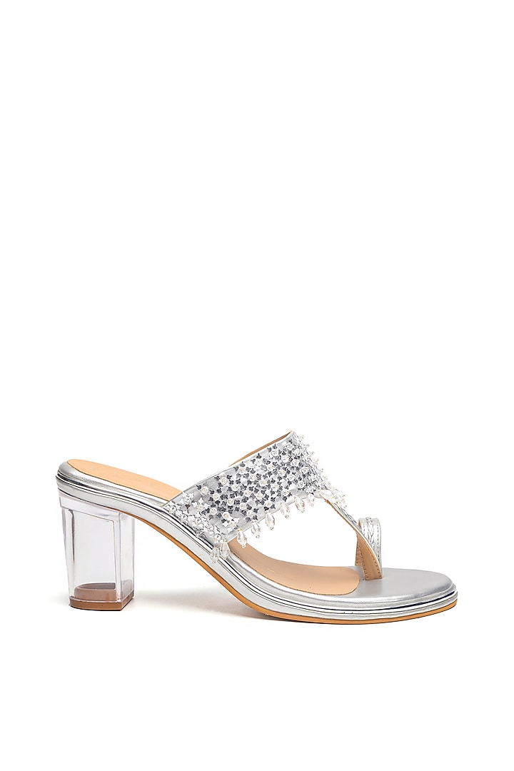 Silver Faux Leather Embroidered Block Heels by NIDHI BHANDARI at Pernia's Pop Up Shop