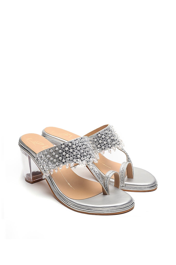 Silver Faux Leather Embroidered Block Heels by NIDHI BHANDARI at Pernia's Pop Up Shop