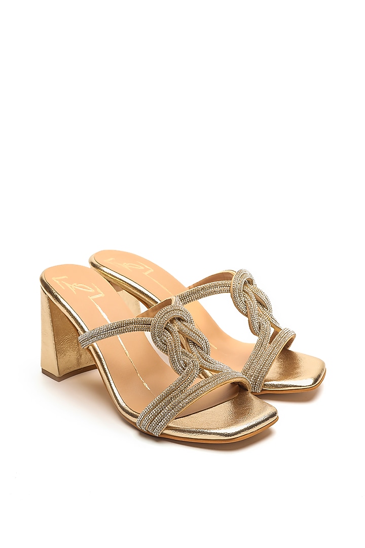Gold Faux Leather Block Heels by NIDHI BHANDARI at Pernia's Pop Up Shop